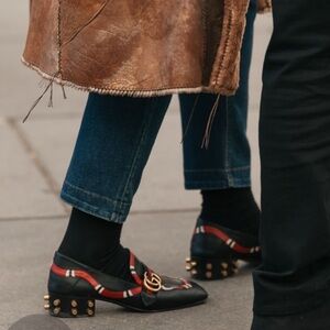 GUCCI Yoko GG Marmont Gold Studded Snake Embellished Loafers Black Size 39.5